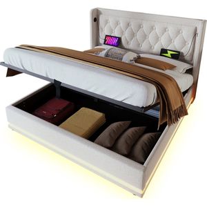 Merax gestoffeerd bed 180x200 cm - Beige katoen met hydraulische opbergruimte, USB-C oplaadfunctie en 3-zijdige LED-verlichting (zonder matras)