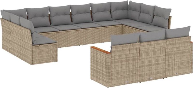 vidaXL - 13-delige - Loungeset - met - kussens - poly - rattan - gemengd - beige