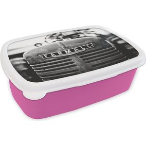 Broodtrommel Roze - Lunchbox - Brooddoos - Trekker - Zwart - Wit - Tractor - 18x12x6 cm - Kinderen - Meisje