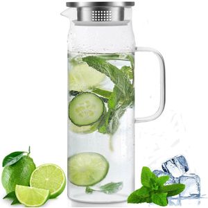 Duvision - Waterkan met deksel 1,5L - Extra stevig glas - RVS zeef/filter - Vaatwasser bestendig