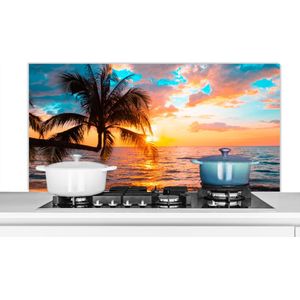 Spatscherm keuken 120x60 cm - Kookplaat achterwand Palm - Zonsondergang - Horizon - Strand - Zee - Tropisch - Muurbeschermer - Spatwand fornuis - Hoogwaardig aluminium