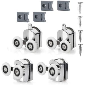 Gebogen wielen voor douchecabinedeur met dubbele schuifdeur - Vervangende en bevestigingsaccessoires - 2 rollen boven + 2 rollen (zilver 25 mm)