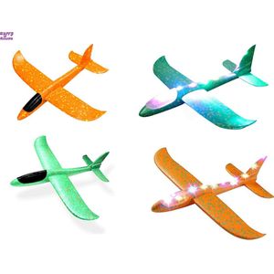Happy Trendz® Set van 4 - vliegtuigen zweef vliegtuig Speelgoedvoertuig - Foam Wegwerp Set 48 cm + 35 cm met verlichting Oranje Groen - Oranje en Groen led - XL-model (48 cm)+(35 cm)