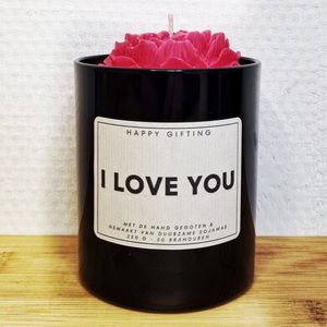 I love you - Soja was geurkaars - Rode roos - Kaarsglas glanzend zwart - Kaneel geur - 250 gram - 50 branduren - Geurkaars - Kaars - Kaars met tekst - Soja was – Handgemaakt – Cadeau – Cinnamon - Geschenk – Duurzaam - Valentijn - Valentijnsdag