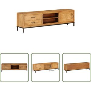 The Living Store Retro Tv-meubel - Massief mangohout - 140 x 30 x 40 cm - 2 lades - 2 schappen