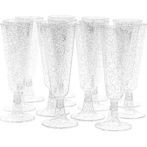 MATANA 50 Champagneglazen (150 ml, Kunststof) met Zilveren Glitter - Herbruikbare Feestglazen Plastic - Ideaal voor Bruiloften, Buffet, Catering