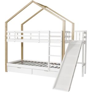 Merax Stapelbed 90x200 cm - Kinderbed met Glijbaan en Opbergruimte - Bed met Valbeveiliging en Lades - Wit met Naturel Bruin