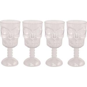 Halloween 3D Doodshoofd glas - 4x - plastic transparant - 350 ml - Halloween/horror tafel dekken - Plastic glazen/wijnglazen