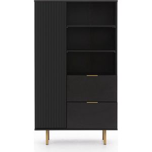 Nubia R1D2SZ - boekenkast met planken en lades - dressoir - 80 x 41 cm, hoogte 140 cm - hoge poten - MDF fronten - zwart kleur