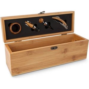 HR Goods - Wijnkist Bamboe Hout- Luxe Cadeauverpakking Wijnfles - Wijnfles 750ml - Inclusief Kurkentrekker, Flessenstop, Schenktuit en Druppelring - Zonder wijnfles - Geschikt voor elke fles - Luxe geschenkdoos - kerstcadeau - kerst