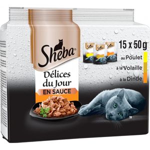 4x Sheba Delices du jour gevogelte in saus- 15x 50g ( 5x kip -5x gevogelte - 5x kalkoen)