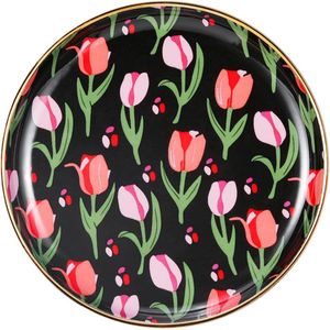 Jewelry Organizer Ceramic Tray, 5 Inch Bathroom Kitchen Dresser Vanity Tray with Golden Border Tulip Decorative Pattern Ring Earrings Necklaces Dish Cosmetic Tray Holder Jewelry Tray, Black