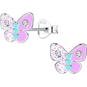 Joy|S - Zilveren vlinder oorbellen - 9 x 7 mm - glitter wit met roze - 3 hartjes blauw / turquoise - kristal - kinderoorbellen