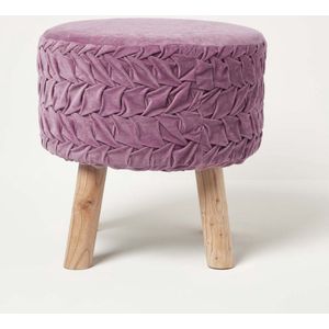 Homescapes Lyla ronde geplooide fluwelen kruk met houten poten - mauve, 40 cm hoog