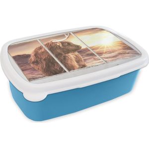 Broodtrommel Blauw - Lunchbox - Brooddoos - Schotse hooglander - Doorkijk - Zonsondergang - 18x12x6 cm - Kinderen - Jongen