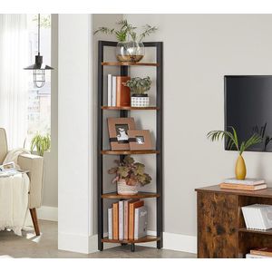 FurnStar - Hoekkast met 5 Niveaus - Hoekboekenkast - Veelzijdig Opbergmeubel - Plantenrek - Voor Woonkamer - Slaapkamer - Kantoor - Industrieel - 30x30x150 - Bruin/Zwart