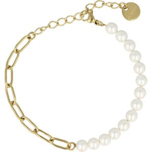 My Bendel - Gouden schakelarmband met White Pearl edelstenen - Combinatie van een gouden schakelarmband met White Pearledelstenen - Met luxe cadeauverpakking