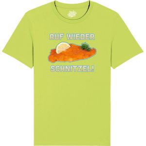 Auf Wieder schnitzel! - Grappige Apres Ski en Bier Wintersport Kleding - Mannen / Vrouwen / Unisex - Foute Ski en Snowboard Vakantie Outfit Cadeau - Unisex T-Shirt - Appel Groen - Maat L