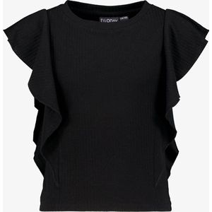 TwoDay meisjes rib T-shirt met ruches zwart - Maat 134/140
