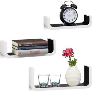 Relaxdays wandplanken 3er set - U-vormige wandboards - kleine wandelementen - 10 cm diep - wit-zwart