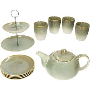 10-delig theeservies SCONES GROEN van steengoed 1x etagère, 1x pot, 4x mok & 4x bord - 24303284