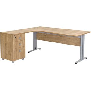 Furni24 Dona hoekbureau, decor saffier eiken, 180 cm x 120 cm x 74 cm, inclusief zijbak, hoek links