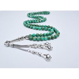 Handgemaakte tesbih ""Tasbih"" natuursteen "" Groen howliet gesponnen goud "" - Aantal kralen 99 - Diameter kralen 8MM - met metaal tassel ""Masha' Allah"" - Een mooi cadeau-idee