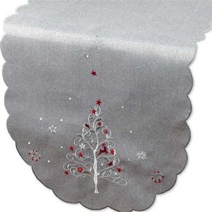 Kerstkleed - licht grijs tafelkleed met versierde Kerstboom in wit met rood - Loper 110 cm