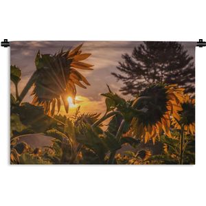 Wandkleed Zonnebloemen - Zonsopkomst boven een veld vol zonnebloemen Wandkleed katoen 120x80 cm - Wandtapijt met foto