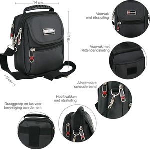 Kleine crossover schoudertas voor heren met meerdere vakken - ook als riemtas draagbaar, zwart met klep