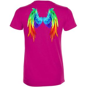 Dames T-shirt Regenboog Vleugels | Love for all | Gay Pride | Regenboog LHBTI | Fuchsia dames | maat XS