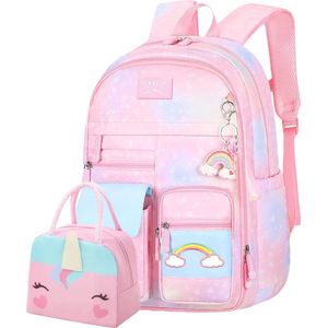 Schooltas en lunchtas voor kinderen - Roze/blauw - 2 stuks - Hartjes rugzak voor meisjes - Eenhoorn schoolrugzak met sleutelhanger - 2-delige tassen set voor meiden - Rugtas met regenboog - Kleine unicorn tas - 26 L en 6 L