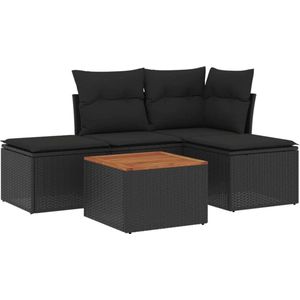 vidaXL - 5-delige - Loungeset - met - kussens - poly - rattan - zwart