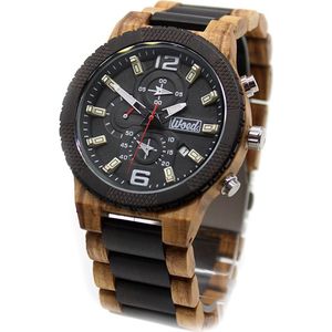 Woed Zebrano - Houten horloge heren - 48 mm - Quertz - Premium - Zebra hout - Bruin - Zwart