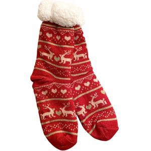 Warme Thermo Fleece Kerstsokken / Sokken | Warme / Gevoerde Sokken | One Size - Rood-Beige