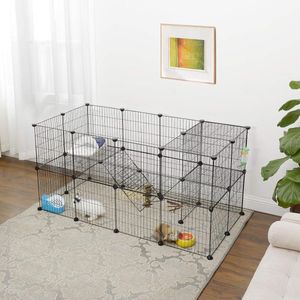 kooi, 36 platen, 2 niveaus, 143 x 71 x 73 cm, box voor kleine dieren en cavia's, incl. rubberen hamer, voor binnen, verstelbaar, individueel te monteren, zwarte LPI02H