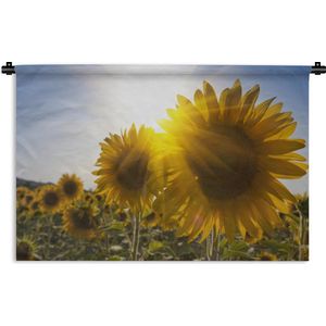 Wandkleed Zonnebloem - Close-up van zonnebloemen in het veld Wandkleed katoen 150x100 cm - Wandtapijt met foto