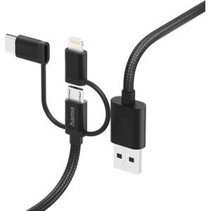 Hama 3-in-1 Multi-Oplaadkabel - USB-A naar USB-C / Lightning / Micro USB - MFI gecertificeerd - Geschikt voor o.a. iPhone, Samsung - 3A USB2.0 - 480Mbps - 150cm - Zwart