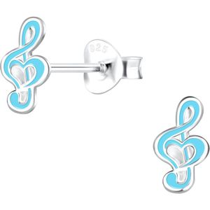 Joy|S - Zilveren muzieknoot oorbellen - G-sleutel - 4 x 8 mm - turquoise blauw - kinderoorbellen