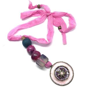 Behave Lange ketting - paars - roze - met kralen en ronde hanger - 53 cm
