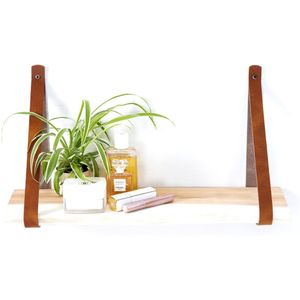 Houten Wandplank 60 cm | incl. Bruine leren banden | Live Edge | Unieke vorm, kleur en uitstraling