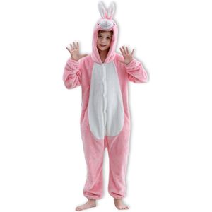 BoefieBoef Dieren Onesie Verkleedkleding Kinderen 5-9 jaar – Comfortabele Kostuum Pyjama – Maat 120 tot 140 – Dierenpak voor Jongens en Meisjes – Feest, Carnaval Verkleedkleding - Kerst, Dierenpak - of Verjaardag Cadeau - Konijn Roze