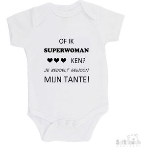 100% katoenen Romper ""Of ik Superwoman ken Je bedoelt gewoon mijn tante"" Unisex Katoen Wit/zwart Maat 62/68