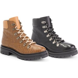 NoGRZ P.Cook Dames Leren enkelboots - gevoerde veterschoenen - Zwart Leer