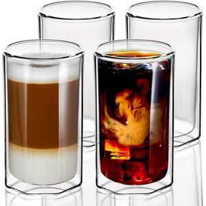 Dubbele Latte Macchiato Gläser, 350ml Unieke Octagon Thermoglaser 4er-Set, Helder Borosilikat-isolierter T-glas Dubbelwandig voor Cappuccino of T-stuk