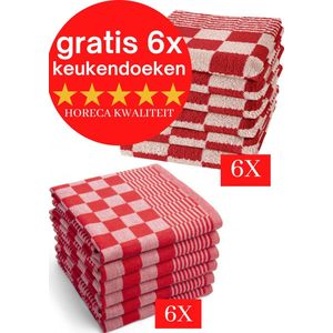 Droomtextiel® Horeca Kwaliteit Katoenen Theedoeken set - 6x Theedoeken - Rood Wit + Gratis 6 keukendoeken t.w.v €22,95