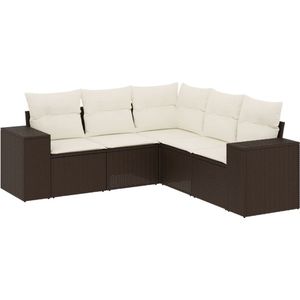 vidaXL - 5-delige - Loungeset - met - kussens - poly - rattan - bruin