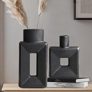 Vaas rustiek Home Decor Simple Scandinavian Bohemian stijl, keramische vaas 2 stuks set voor woonkamer, boekenkast, tafel, boekenkast, open haard plank en entree decoratieve vaas (zwart)