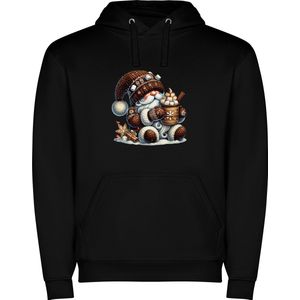 Zwarte unisex hoodie met “ Kleurrijke Kerst Gnome – Kabouter in Kerstsfeer / Vrolijk Kerstfeest Bruin met Chocolademelk en Marshmallows “ Print Full Color merk Roly maat M