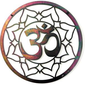 Muurdecoratie ohm/lotus - metaal - olieachtige gloed - 50cm doorsnede - Yoga - uniek design